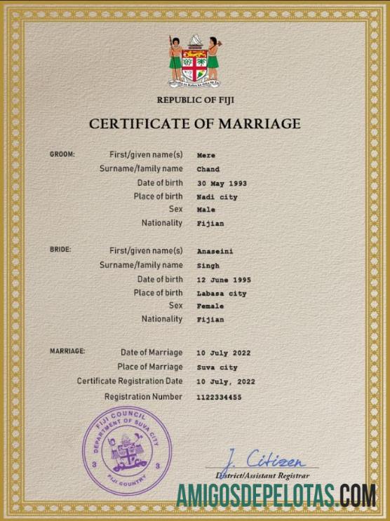Em branco modelo PSD de certidão de casamento de Fiji